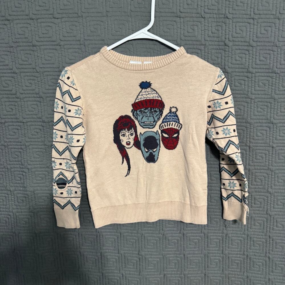 Disney 100 Marvel Christmas Holiday Sweater Boys Small Mad Engine Beige Knit